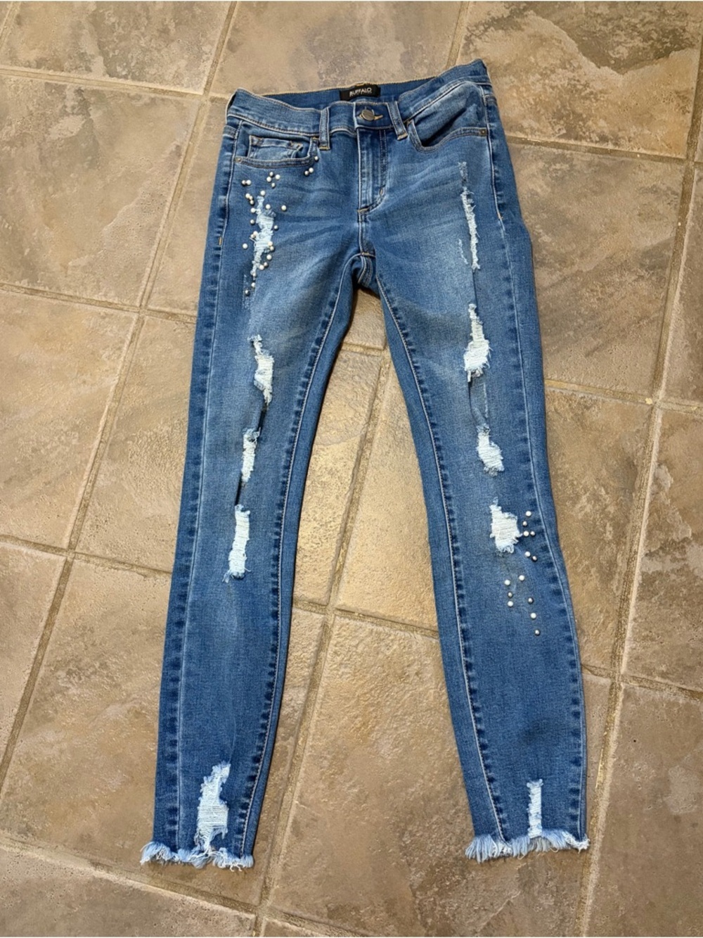 Buffalo David Bitton Blue Distressed Skinny Jeans with Pearl Accents